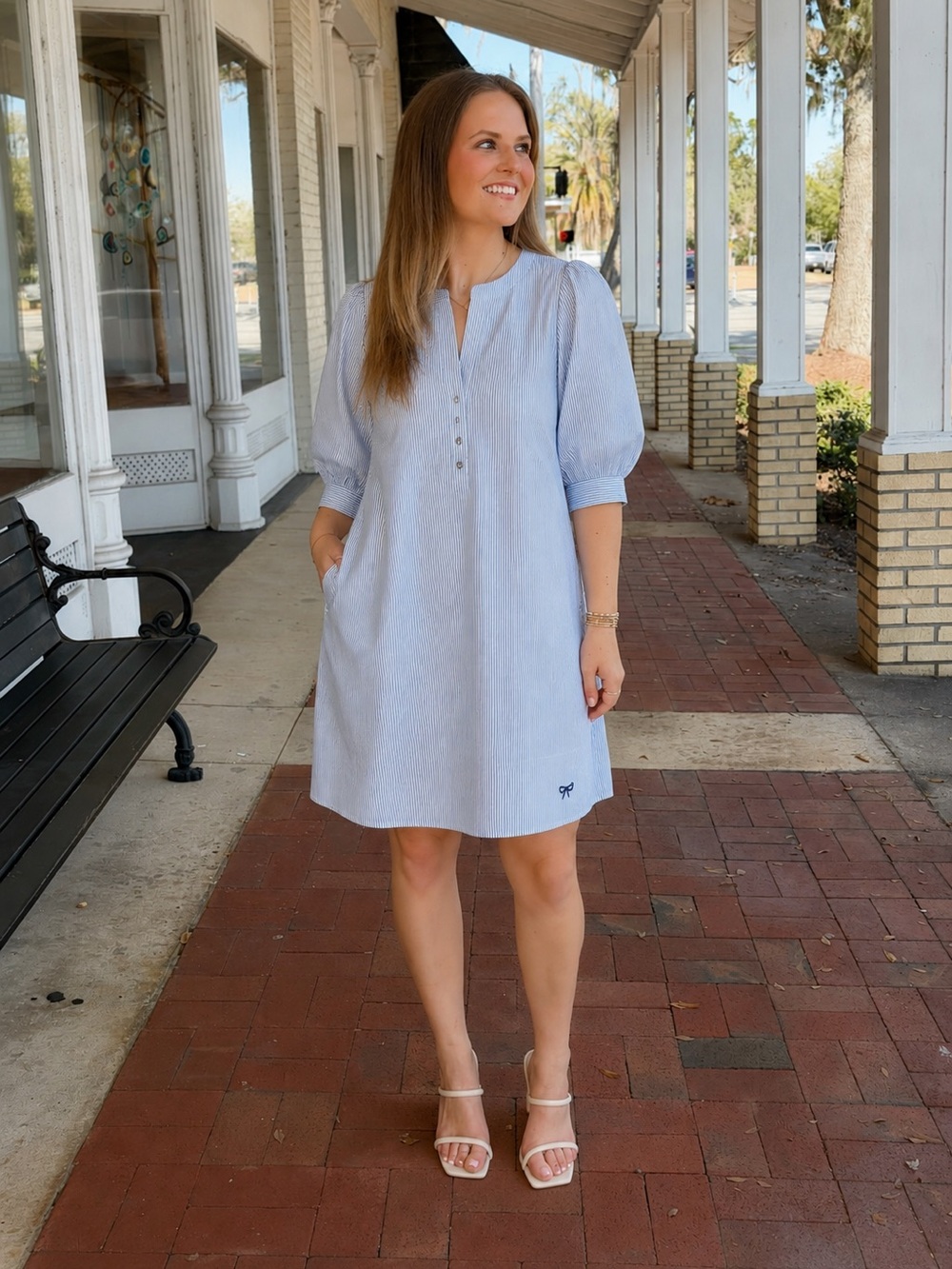 Simply Southern Blue & White Pinstripe Puff Sleeve Shirt Dress with Pockets